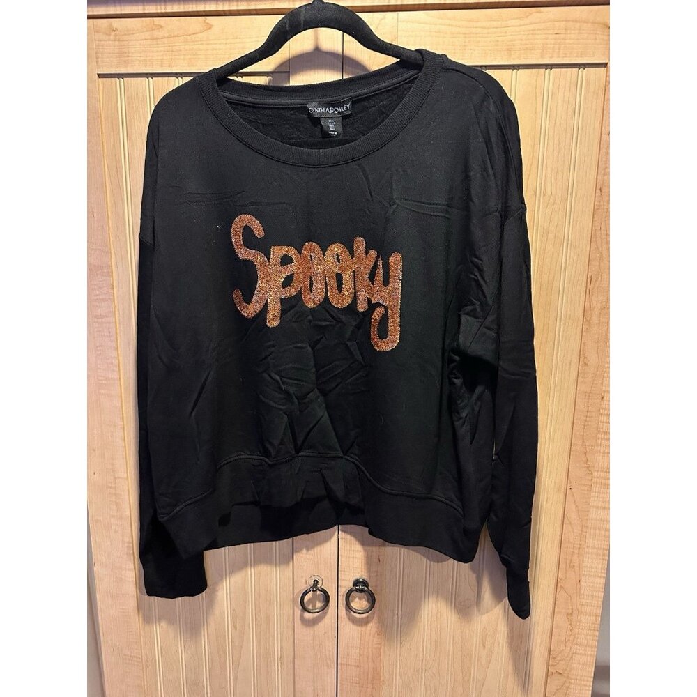 Cynthia Rowley Sequin Spooky Pullover Halloween Top Size Medium NWT Black Orange - Picture 5 of 6